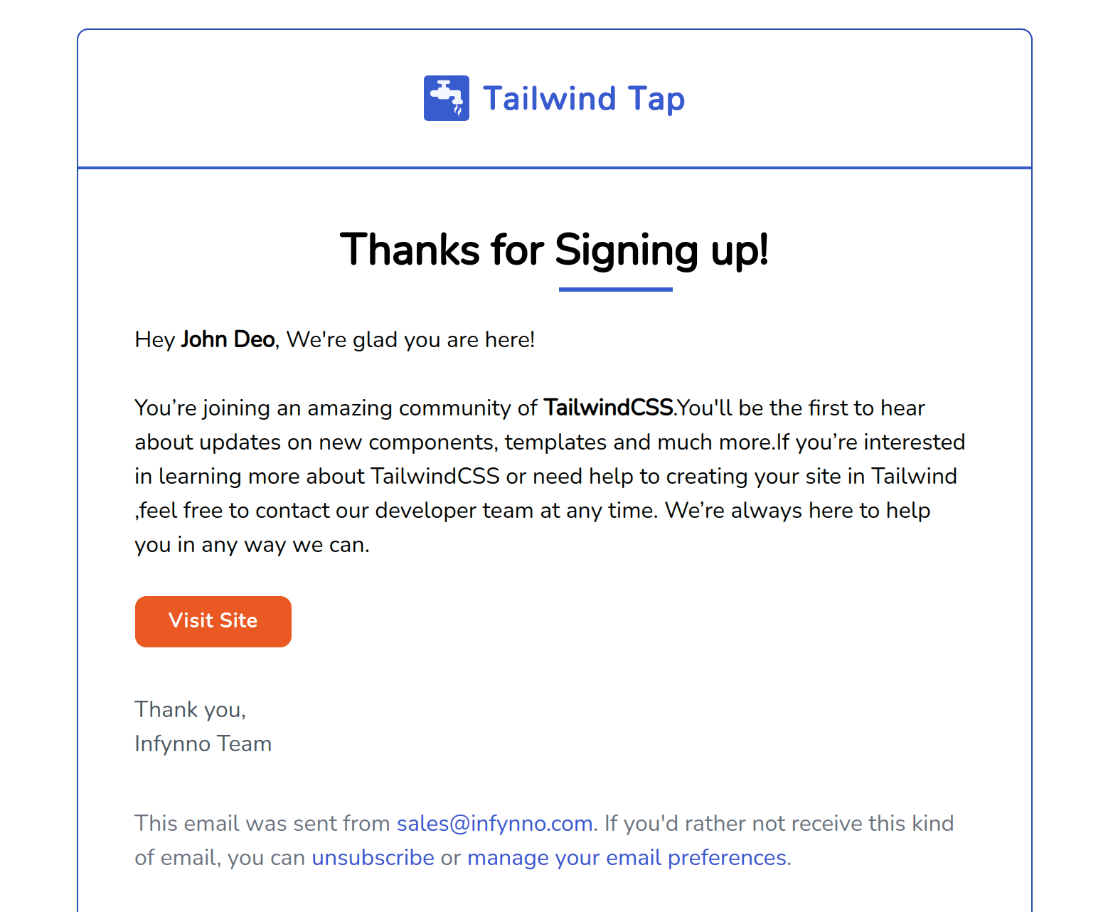 Welcome Email Email Component - Tailwindtap